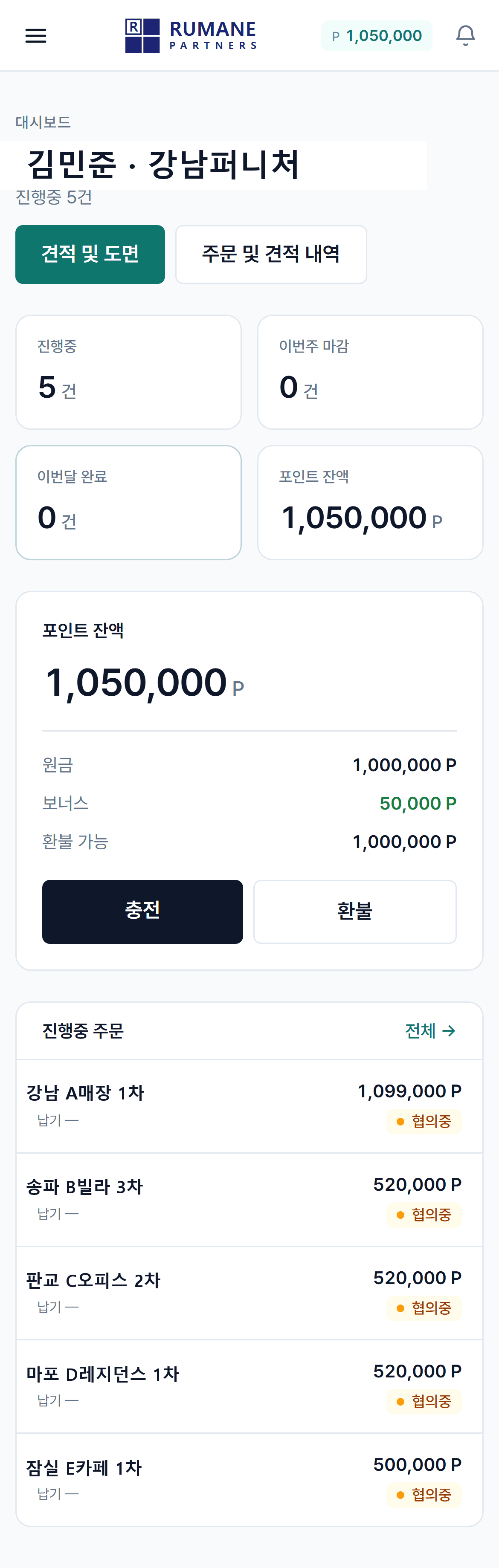 루마네 파트너스 대시보드 화면